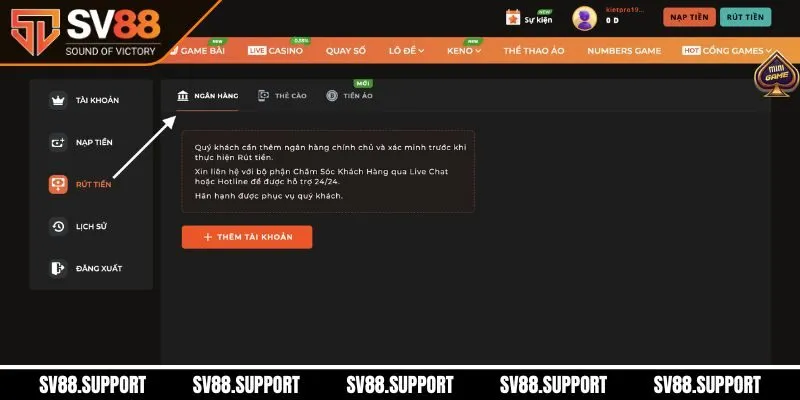Rút tiền SV88 về ngân hàng
